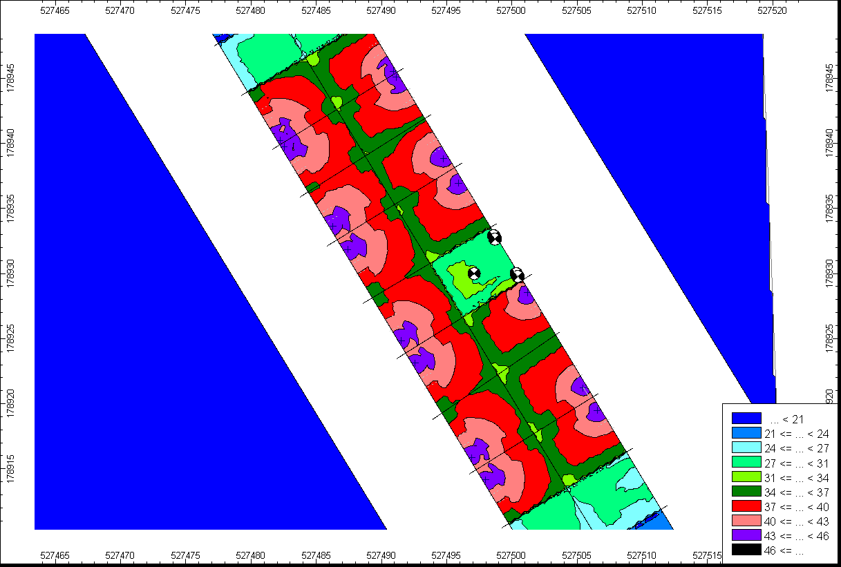 Contour map illustrating a repeating, grid-like pattern of data values across the area, with corresponding color-coded numerical ranges.