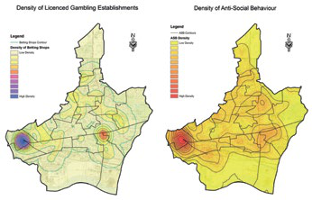 Two maps displaying the density of licensed gambling establishments and anti-social behavior with color-coded contours.
