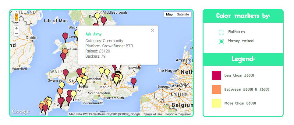 Map of the United Kingdom showing project locations colored by money raised categories, with a popup showing details for "Ask Amy" project.