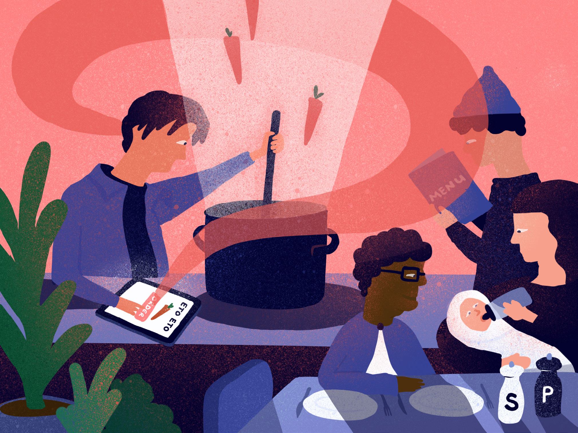An illustration depicting people preparing food, ordering from a tablet displaying "ETO ETO", and dining, suggesting aspects of food systems or family meals.
