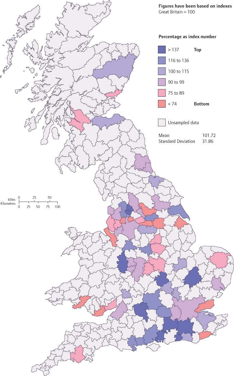 Choropleth map of Great Britain showing regional data as an index, with Great Britain = 100. Colors indicate percentage ranges, from <74 (bottom) to >137 (top), with mean 101.72 and standard deviation 31.86.