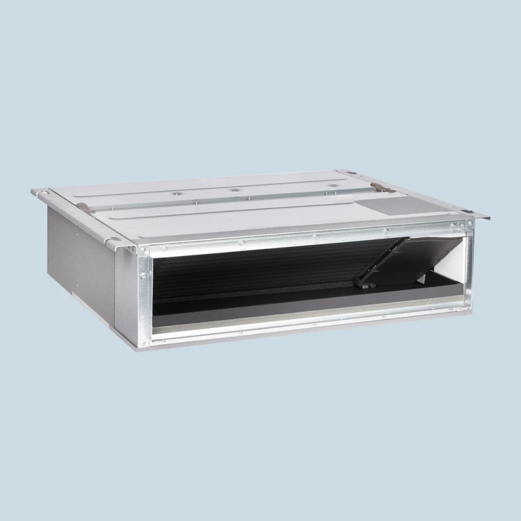 Rectangular metal HVAC air handling unit or duct with internal components visible.