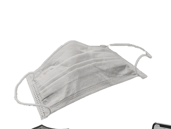 A white disposable medical face mask with ear loops.
