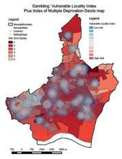 Map showing Gambling Vulnerable Locality Index and Index of Multiple Deprivation Decile, with betting shops marked, using color gradients to indicate risk levels.