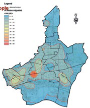 Map displaying density values ranging from 0-5 to 40-50 across a geographic area using a color gradient.