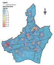 Map showing "Away From Home" values, from 0-5 to 40-50, using a color gradient across different localities.