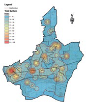 Map displaying "Total Surface Index" values, from 0-10 to 91-100, across a geographic area using a color gradient.