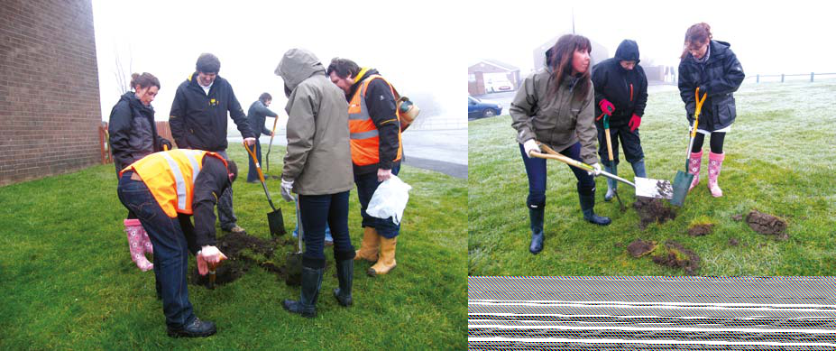 Two images showing groups of people in outdoor clothing digging and planting in the ground, engaged in a community gardening or environmental activity.