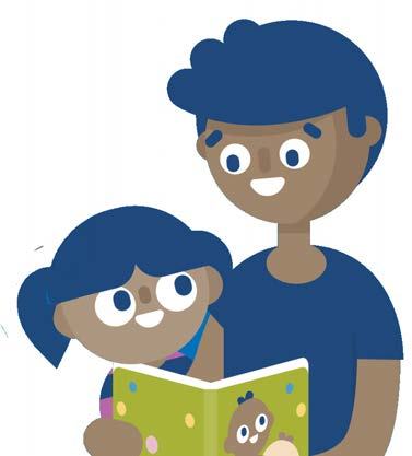 Cartoon illustration of an adult male with dark skin and blue hair reading a book with a young girl.