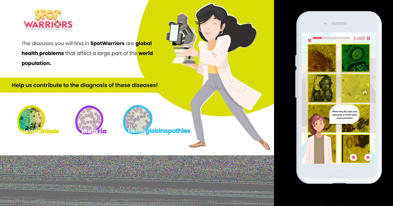 Infographic for the 'Spot Warriors' game, illustrating its purpose to diagnose global health problems like Helminthiasis, Malaria, and Hemoglobinopathies, with a scientist and a smartphone screen showing the game's microscopic image analysis interface.