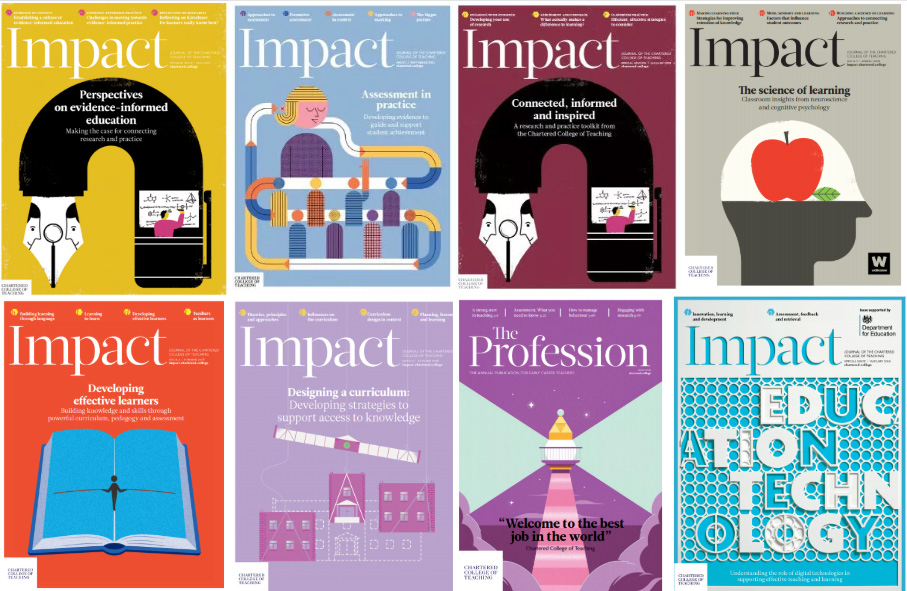 Collection of eight magazine covers for "Impact" and "The Profession," showcasing various themes related to education and professional development.
