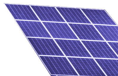 A large section of blue solar panels arranged in a grid, angled upwards.