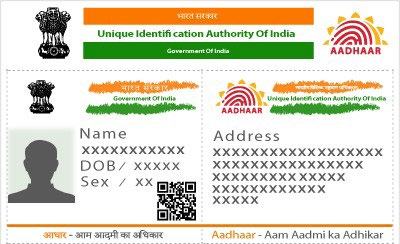 Sample image of an Aadhaar identification card from India, showing placeholders for personal details, a photo, QR code, and government emblems.