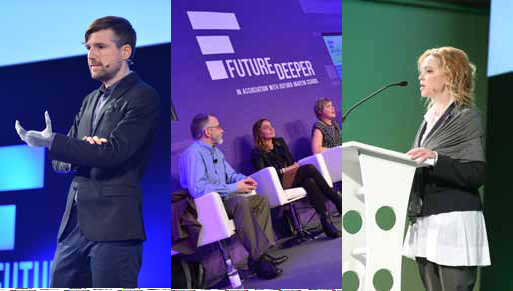 A triptych showing speakers presenting and an audience at a 'FUTURE DEEPER' conference.