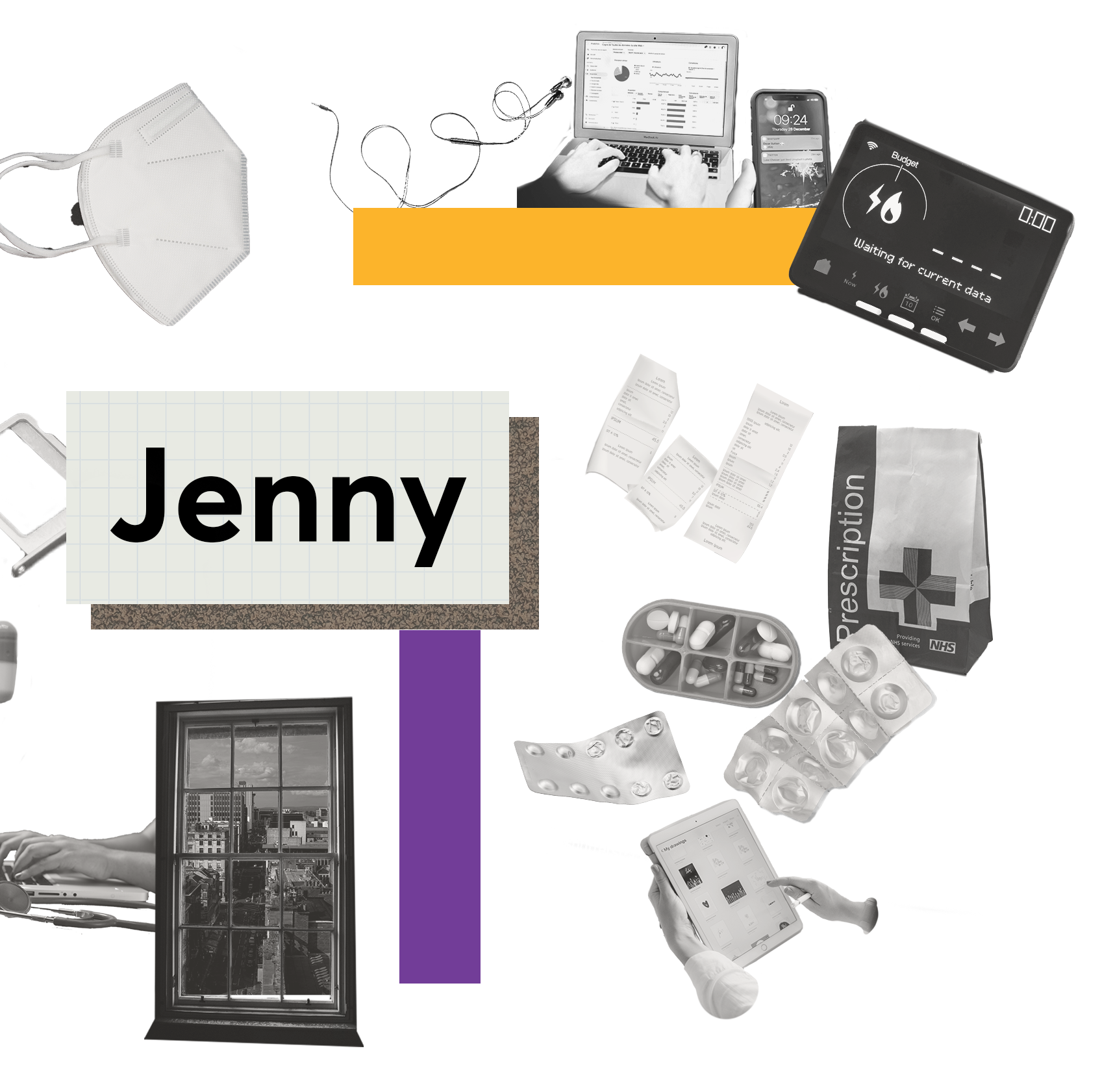 A collage of items including medical masks, a laptop, smartphones, a smart meter, receipts, medication, a window view, and the name "Jenny," suggesting themes of health, tech, and daily life.