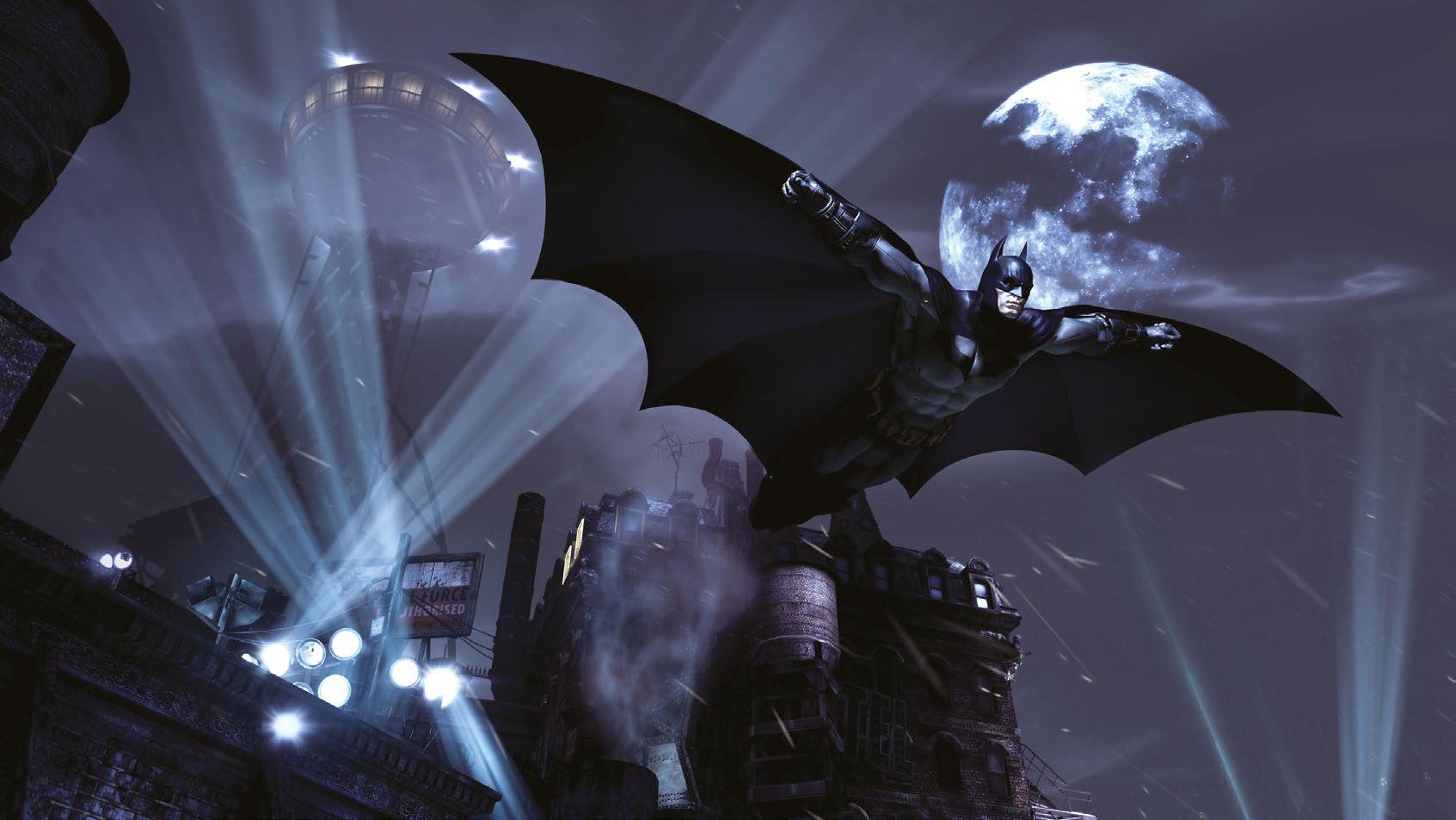 Batman flying through a dark, stormy night sky above a gothic city with a full moon in the background.