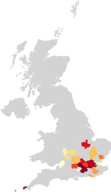 Choropleth map of the UK showing data distribution across regions with a red-yellow color scale.