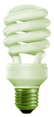 A green-tinted compact fluorescent light bulb with a spiral design.