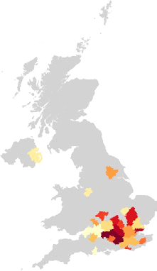 Choropleth map of the UK indicating data concentration in various regions, using a red-yellow color gradient.