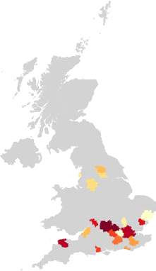 Choropleth map of the UK displaying regional data variations with a red to yellow intensity scale.