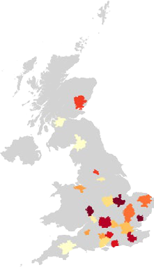 Choropleth map of the UK showing regional data patterns using a red-yellow color scheme.