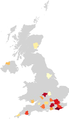 Choropleth map of the UK illustrating data density across regions with a red-yellow color range.
