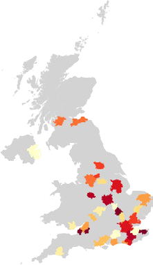 Choropleth map of the UK depicting geographical data distribution with a red-yellow gradient.