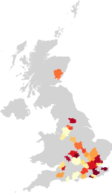 Choropleth map of the UK showing regional data intensity using a red to yellow color progression.