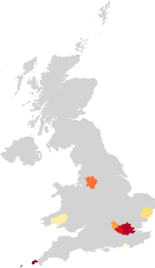 Choropleth map of the UK highlighting data values in different regions with a red-yellow color scale.