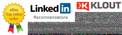 Image displaying an eBay Top-rated seller badge, LinkedIn logo with 'Recommendations' text, and Klout logo, indicating seller status, professional endorsements, and social media influence.