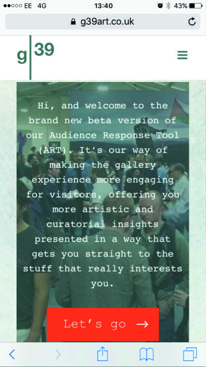 Mobile phone screenshot of the g39art.co.uk website, displaying a welcome message for an "Audience Response Tool" and a "Let's go" button.