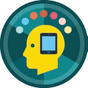 Conceptual diagram of a human head with a digital tablet inside, surrounded by colored dots and a gear-like border, representing digital thinking or learning.