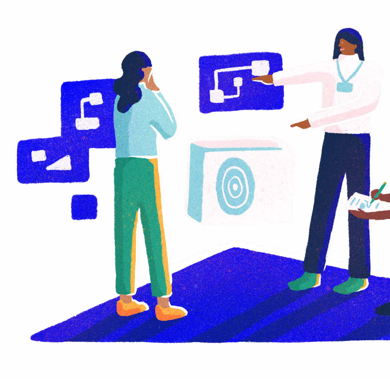 Two people, one on the phone and another pointing at abstract diagrams and data representations, suggesting a team collaboration on a technical project.