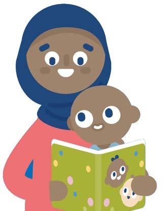 Cartoon illustration of an adult female wearing a blue hijab and a baby, both with dark skin, reading a book together.
