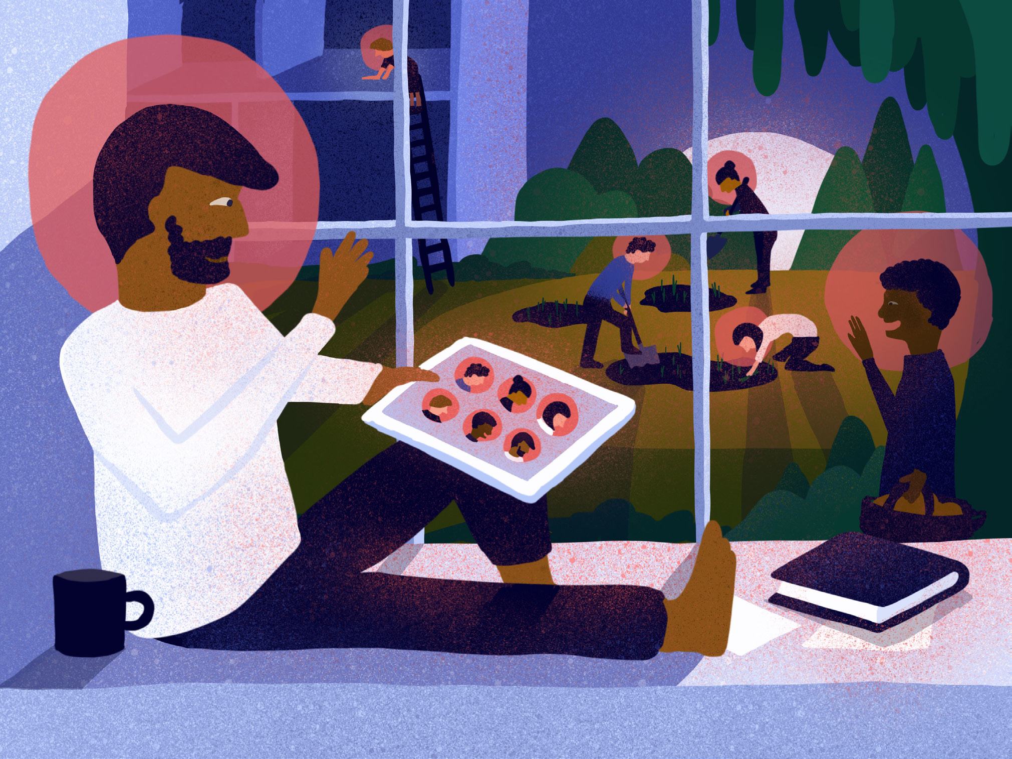 An illustration of a man interacting with a tablet displaying user profiles while people are gardening outside his window, suggesting digital community and outdoor work.
