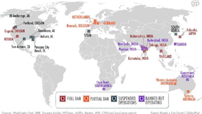 World map showing geographic locations with different statuses (full ban, partial ban, suspended operations, banned but operating) marked in various cities and countries.