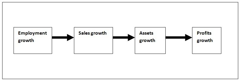 Flow diagram showing the sequence from Employment growth to Sales growth, then Assets growth, and finally Profits growth.