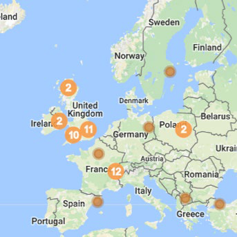 Map of Europe showing locations and counts in different countries, including UK, Ireland, France, Germany, Poland, Italy, Greece, Sweden, Norway, and Spain.