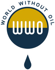World Without Oil WWO" logo in yellow and dark blue with a single dark blue oil drop below it.