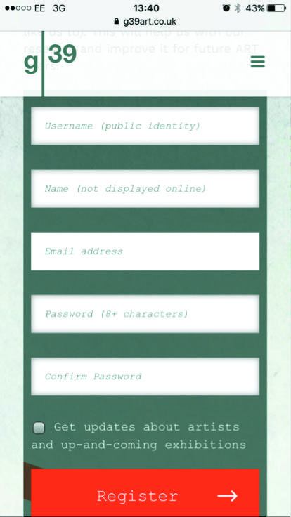 Mobile phone screenshot of the g39art.co.uk website showing a user registration form with fields for username, name, email, and password.