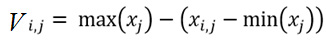 Mathematical formula for V sub i,j equals max(x sub j) minus (x sub i,j minus min(x sub j)).