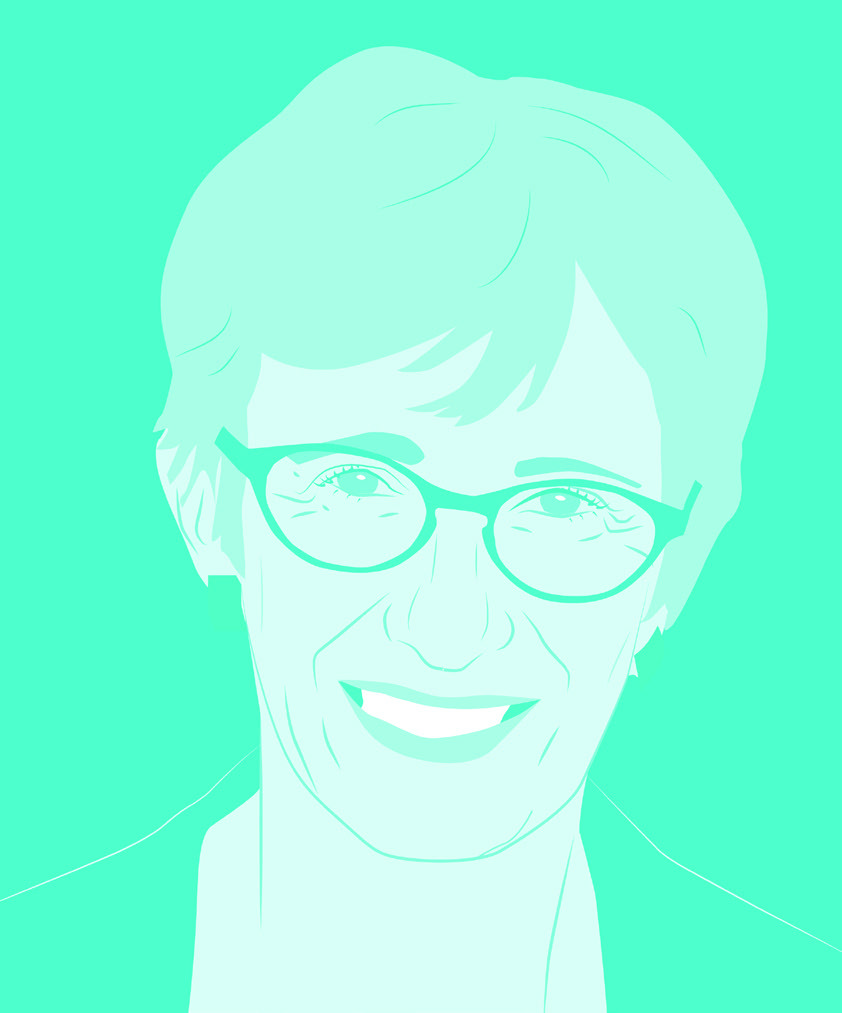 Stylized vector illustration of a smiling woman with short hair and glasses, depicted in shades of blue.