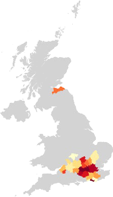Choropleth map of the UK indicating data spread across regions with a red-yellow color scheme.