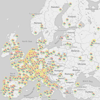 Map of Europe covered with numerous small icons, indicating a widespread distribution of entities or points across the continent.