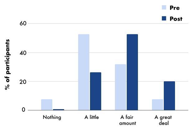Bar chart comparing pre and post participant responses on the perceived impact of AI, across categories from 'Nothing' to 'A great deal'.