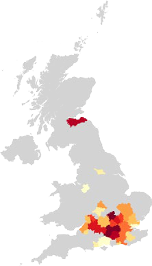 Choropleth map of the UK showing data distribution across regions with color intensity, from light yellow to dark red.