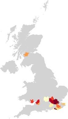 Choropleth map of the UK showing data distribution across regions with color intensity, from light yellow to dark red.