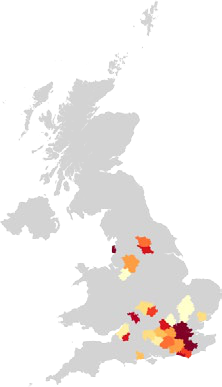 Choropleth map of the UK showing data distribution across regions with color intensity, from light yellow to dark red.