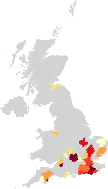 Choropleth map of the UK showing data distribution across regions with color intensity, from light yellow to dark red.