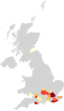 Choropleth map of the UK showing data distribution across regions with color intensity, from light yellow to dark red.